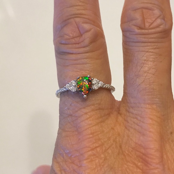 Sterling Silver Teardrop Black Lab Opal Ring with CZ, Silver Rings, Stone Ring - Picture 6 of 8